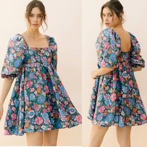 STORIA Multi Floral Baby Doll Mini Dress Puff Sleeve Shimmery Square Neck Large